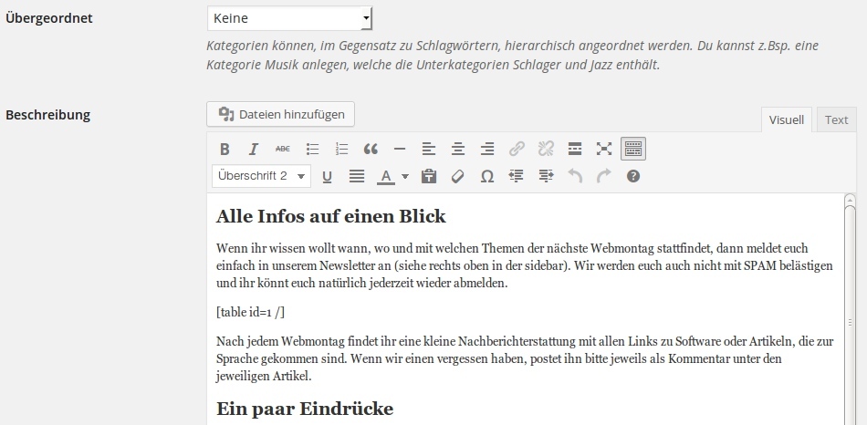 Text in Kategorien bei WordPress